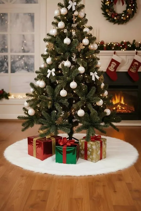 White Living and Home Christmas Tree Skirt Long Fur Xmas Tree Base Cover  for Christmas Home, Party | Debenhams