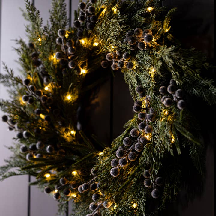 Wholesale Navy Plum Frosted Berry Norfolk Cypress Real Touch Wreath - 24'  for your store - Faire