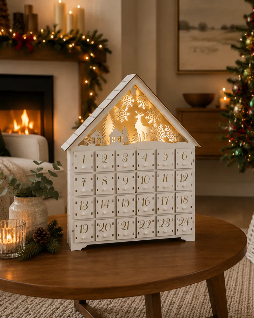 Wooden Advent Calendar Light Up Woodland House | Sue Ryder