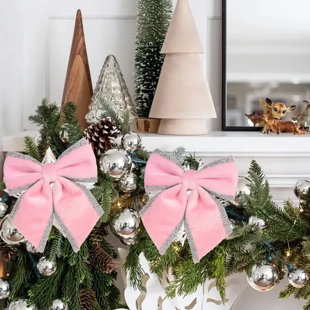 XYAIYT Flannel Velvet Sticky Bow Christmas Tree Ornaments Pre Tied Reusable Fade Resistant Decorative Accent for Tree Wreath Gift Wrap Home Mantel Window Sofa Holiday Display 9.4×9.1in Pink - Walmar