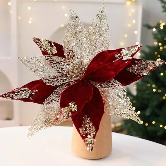 Yousheng Christmas Glitter Fabric Poinsettia Flowers 11 Inch Large  Artificial Sequins Flower Christmas Tree Ornaments for Wedding New Year  Party Xmas Buy cheaply on Joom