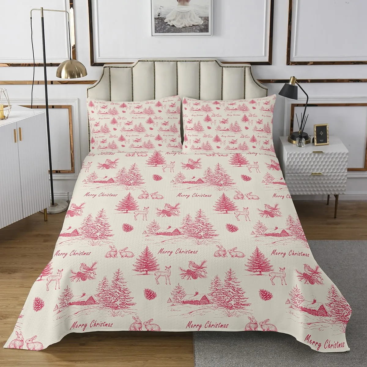 YST Pink Christmas Quilt Set Queen Size, Christmas Tree Village Bedspread  Set for Kids Girls, Xmas Beige Coverlet Set, Cute Reindeer Rabbit Printed  Bed Set with 2 Pillowcases - Walmart.ca